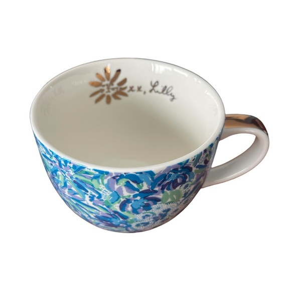 Lilly Pulitzer Mugs 2 Cups Blue White Floral Gold Logo Ceramic Coffee Tea Gifts - Picture 2 of 11
